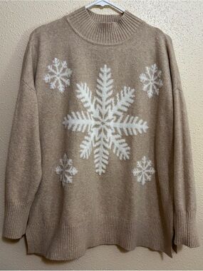 Loft Tan and White Fuzzy Snowflake Knit Sweater - Beige